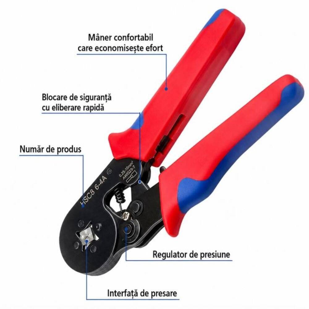Cleste pentru sertizat pini HSC8 6-6A 0.25–6 mm² pentru terminale tubulare (Ferrule) – Profesional