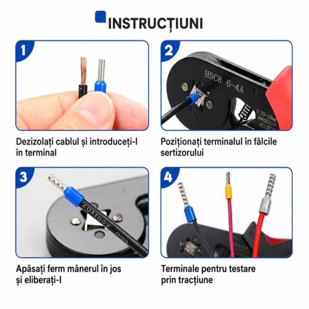 Cleste pentru sertizat pini HSC8 6-6A 0.25–6 mm² pentru terminale tubulare (Ferrule) – Profesional