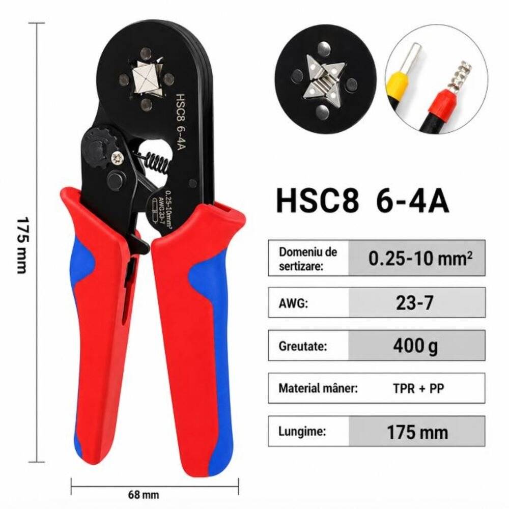 Cleste pentru sertizat pini HSC8 6-6A 0.25–6 mm² pentru terminale tubulare (Ferrule) – Profesional
