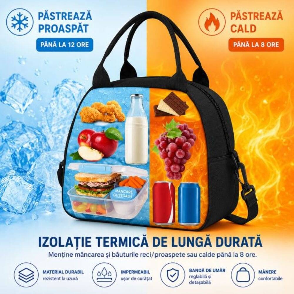 Geanta Termica pentru Pranz Unisex 9,5 L, Neagra, Impermeabila, cu 2 Manere