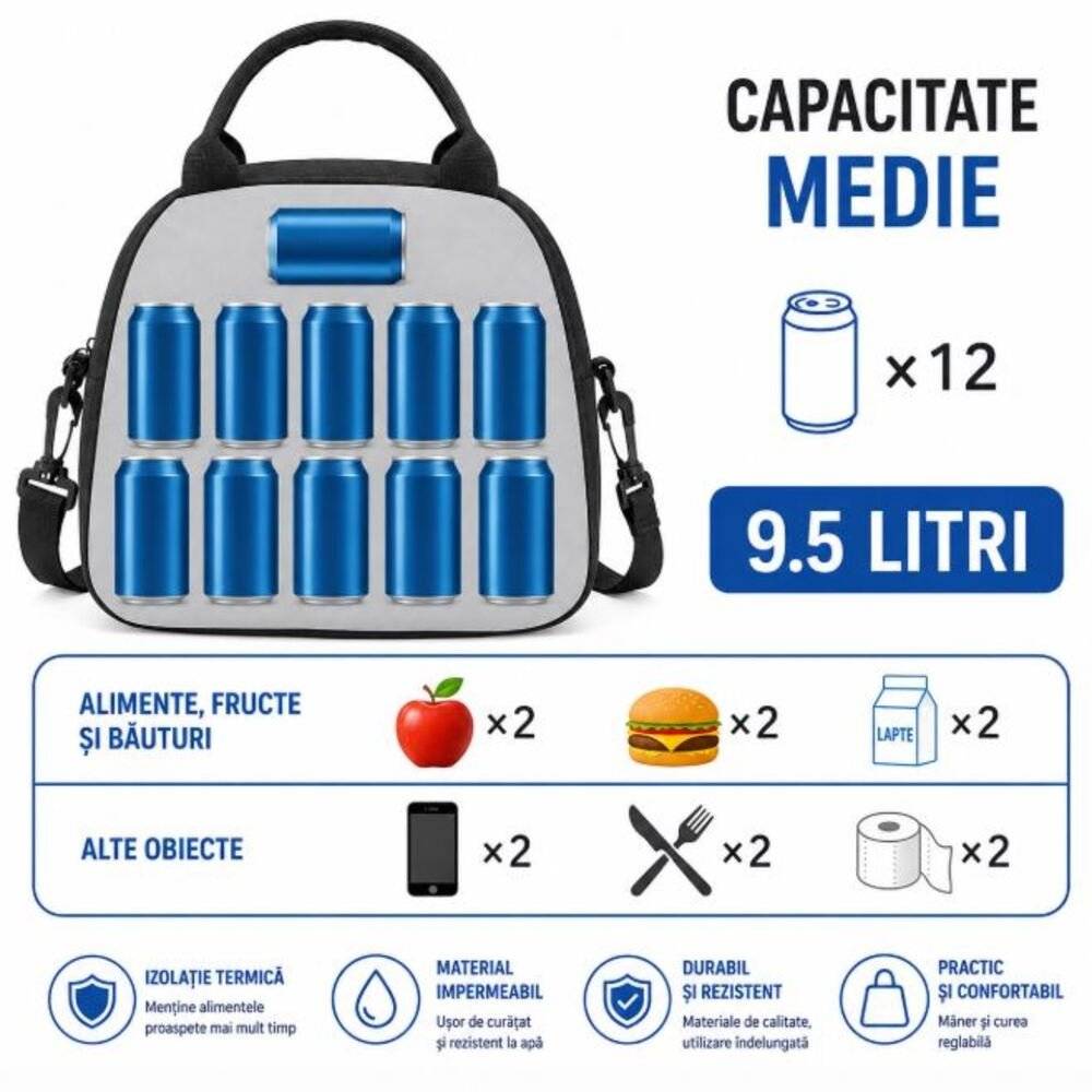 Geanta Termica pentru Pranz Unisex 9,5 L, Neagra, Impermeabila, cu 2 Manere