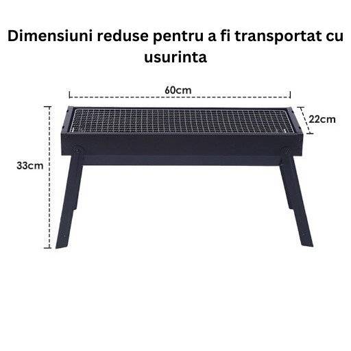 Gratar Portabil din Metal pentru Picnic, Gradină, Terasa si Camping, 60x22x23 cm, Negru – Compact si Usor de Transportat