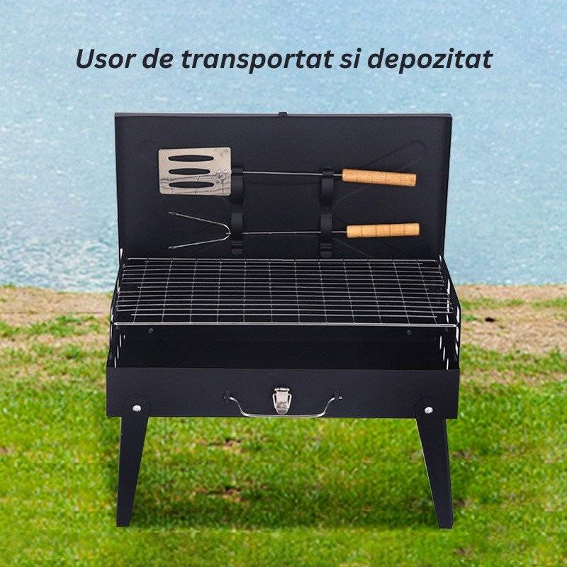 Gratar Portabil Pliabil Tip Servieta cu Accesorii Incluse, Metal Rezistent, 46x43x26 cm, Negru – Ideal pentru Camping, Picnic și Grădină
