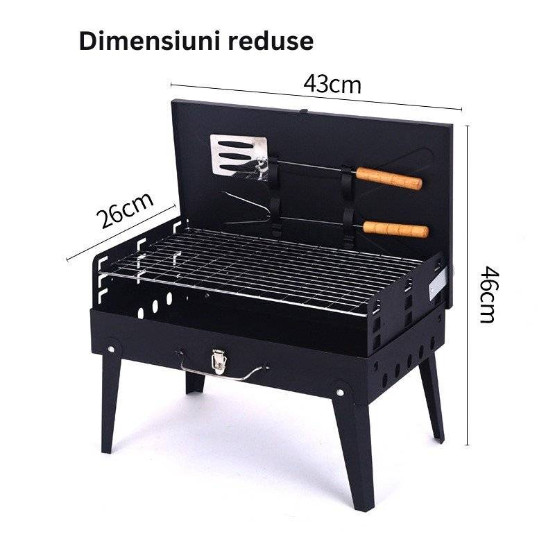 Gratar Portabil Pliabil Tip Servieta cu Accesorii Incluse, Metal Rezistent, 46x43x26 cm, Negru – Ideal pentru Camping, Picnic și Grădină