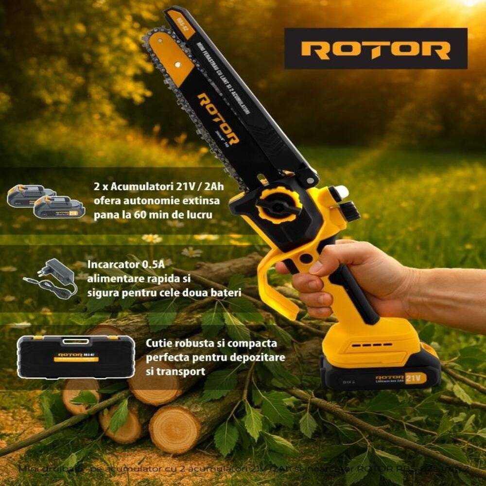 Mini Drujba cu Acumulator 8 Inch 21V Brushless | 2 Acumulatori 2Ah | Fierastrau Electric cu Lant