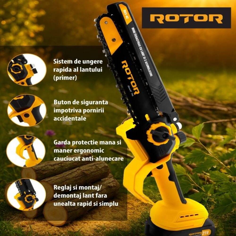 Mini Drujba cu Acumulator 8 Inch 21V Brushless | 2 Acumulatori 2Ah | Fierastrau Electric cu Lant