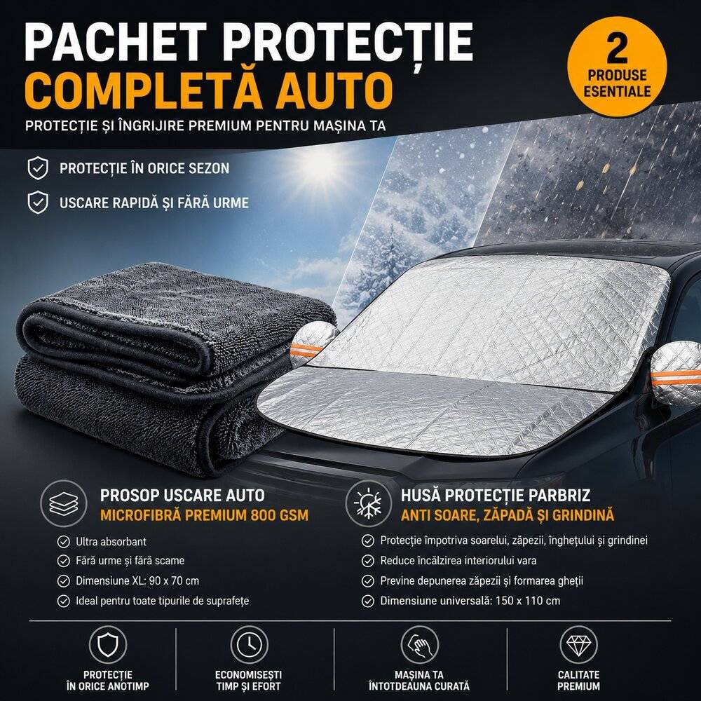 Pachet Ingrijire Auto – Prosop Uscare 800 GSM + Husa Protectie Parbriz 150x110 cm