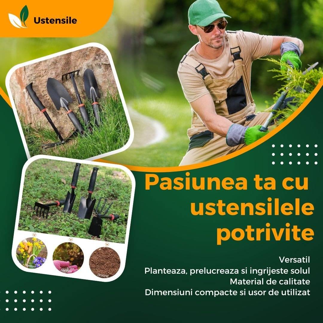 Set 7 unelte de gradina profesionale pentru plantare, prelucrare sol și îngrijire plante, din PVC și cardboard rezistent