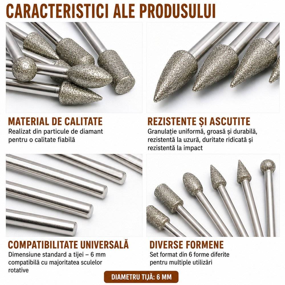 Set Freze Diamantate 20 Piese | Prindere 6 mm | Trusa Profesionala Gravare si Slefuire