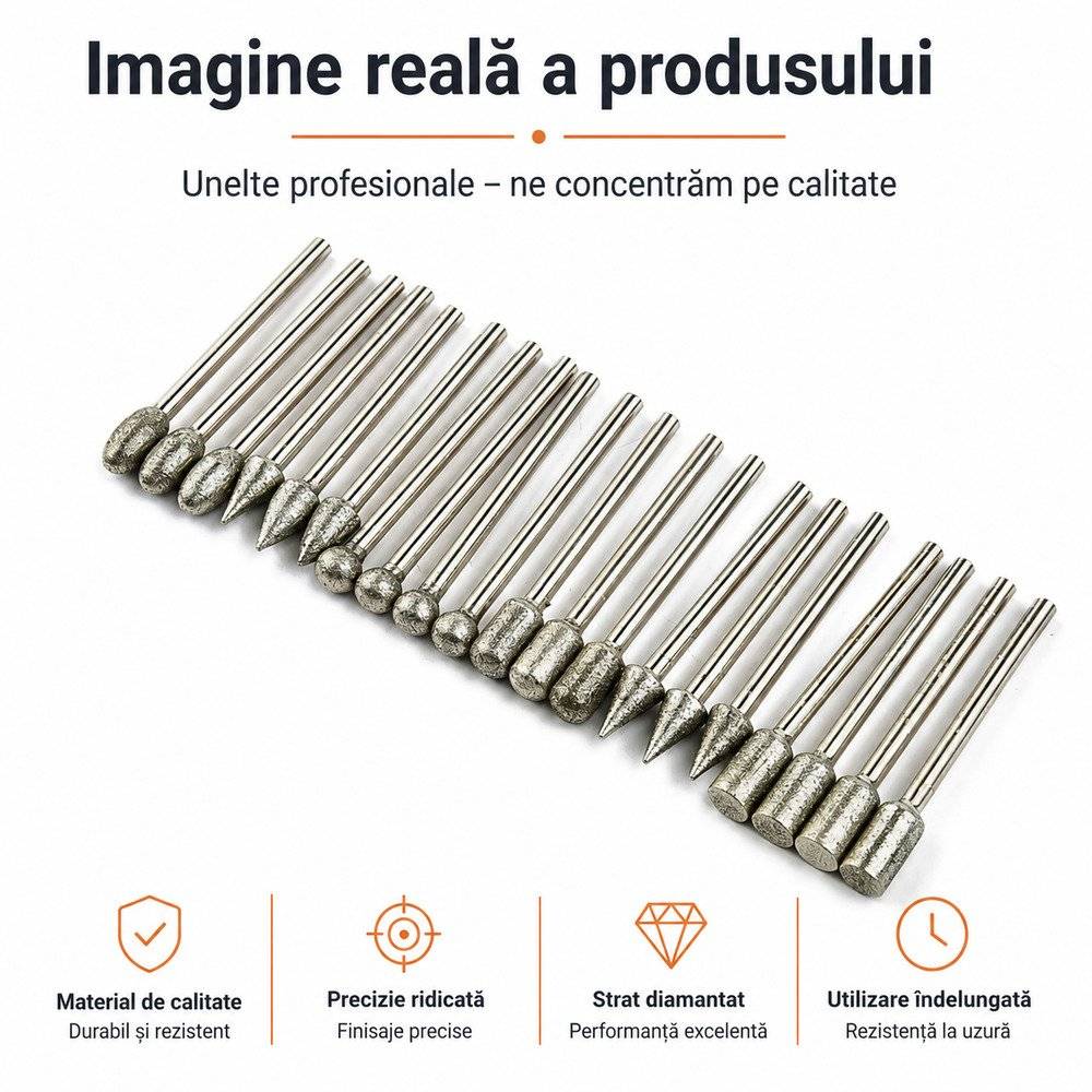 Set Freze Diamantate 20 Piese | Prindere 6 mm | Trusa Profesionala Gravare si Slefuire
