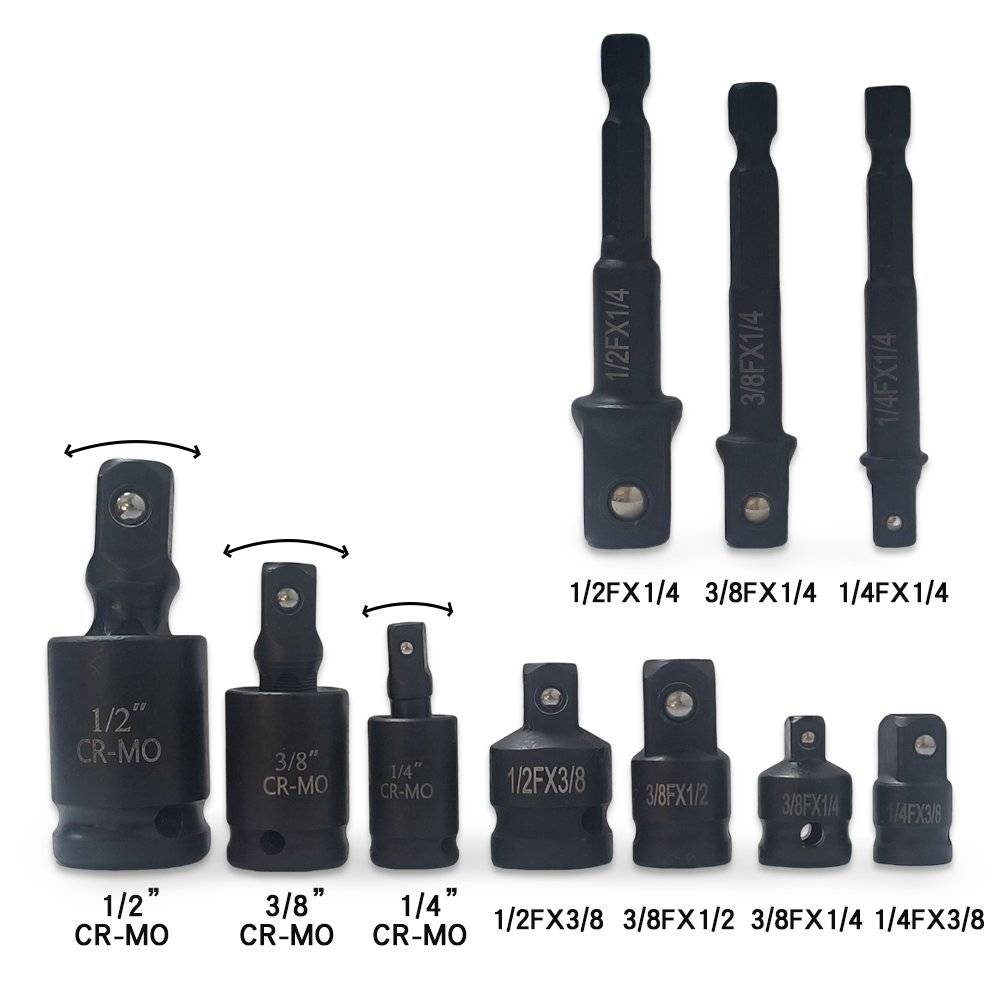 Set profesional adaptoare si reductii tubulare de impact 10 piese CR-MO 1/4 3/8 1/2 3/4 cu 3 adaptoare oscilante (wobble)