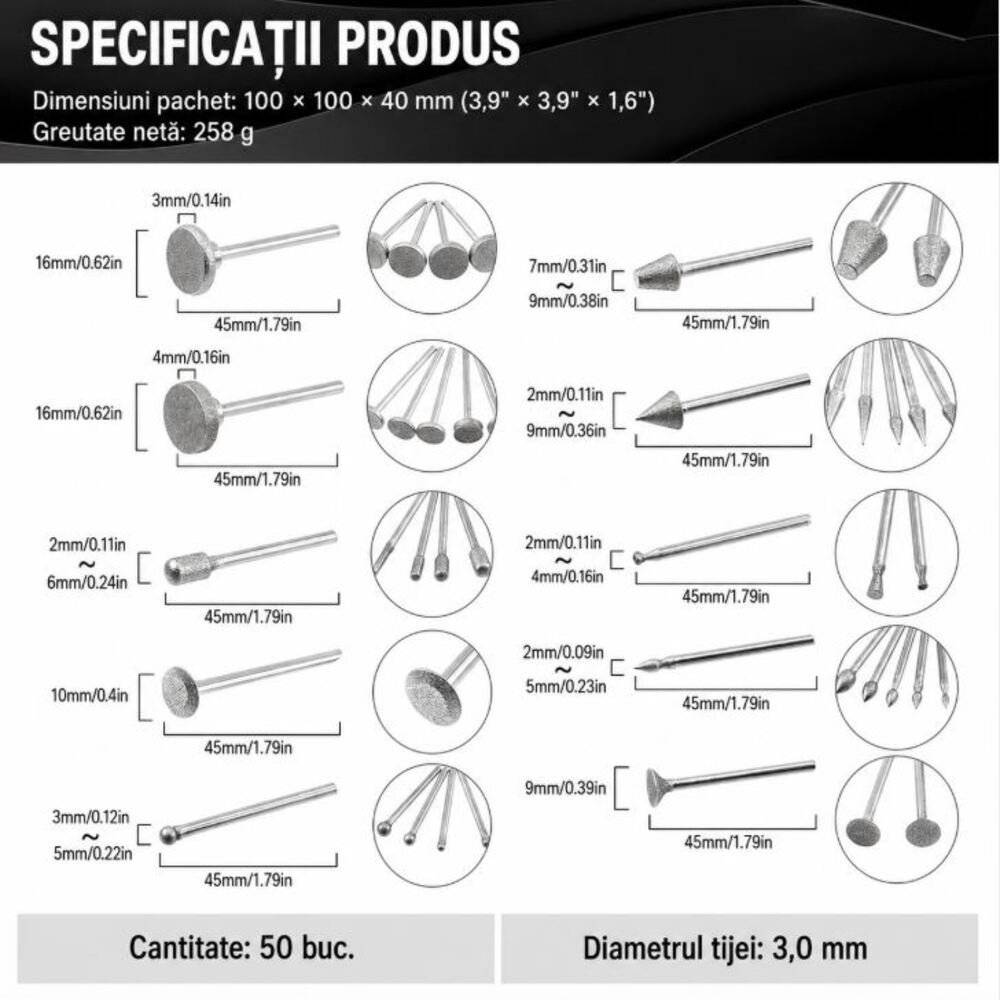 Trusa Freze Diamantate 50 Piese | Prindere 3 mm | Set Profesional Gravare, Slefuire si Finisare Precizie
